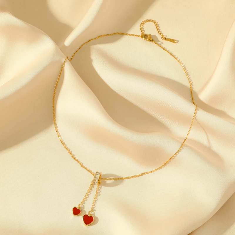 EILIECK 316L Stainless Steel Red Double Heart Pendant Pendant Necklace For Women Fashion New Gift Neck Chain Waterproof Jewelry