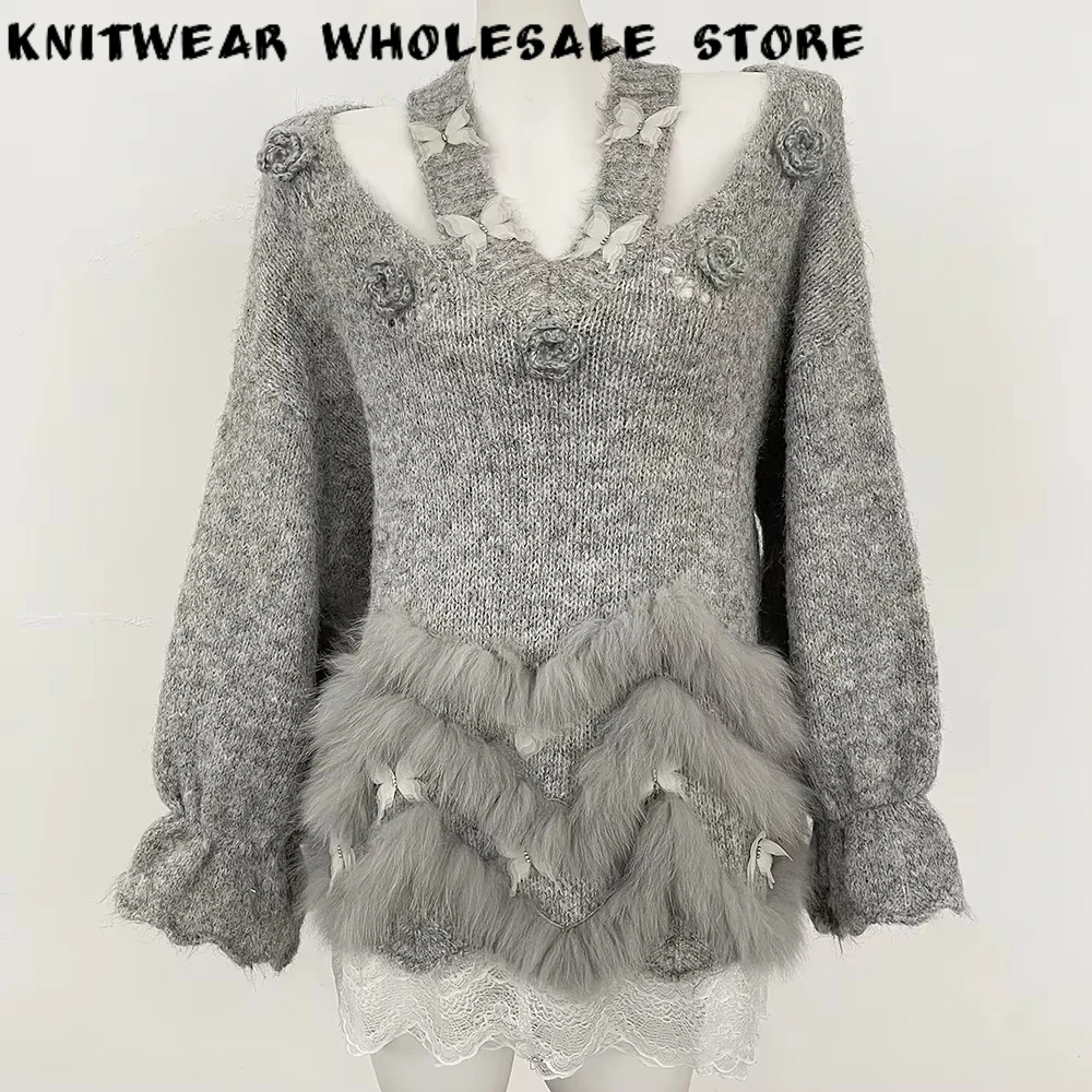 Luxury Cozy Women's Sweater Knitted Fur Collar Knitwear Oversized Sweater Autumn Winter Korean Style Women's Luxury Knit Sweater