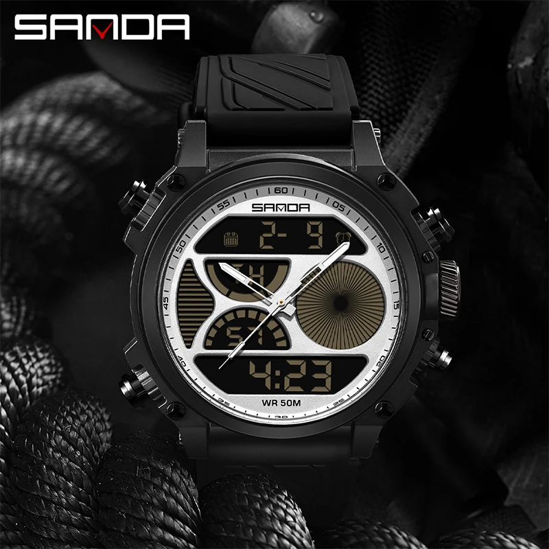 SANDA 6236 New 2024 Electronic Watch Fashion Large Dial Dual Screen Multi functional Waterproof LED Night Light Men Wristwatches