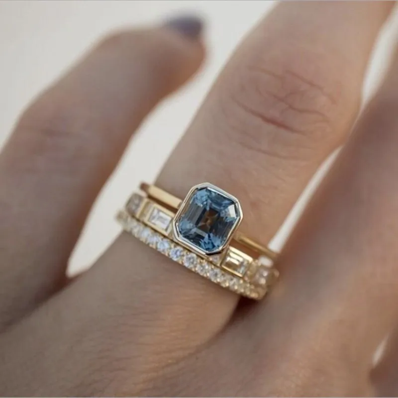 KSRA Fashion Creative Gold Color Inlay Blue Color Stone Three Rings For Women Party Accessories Gifts Custom Jewelry