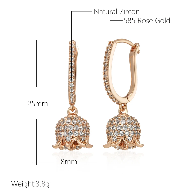 Kienl Hot Full Shiny Natural Zircon Long Drop Earring for Women 585 Rose Gold Color Unique Crystal Flower Daily Vintage Jewelry