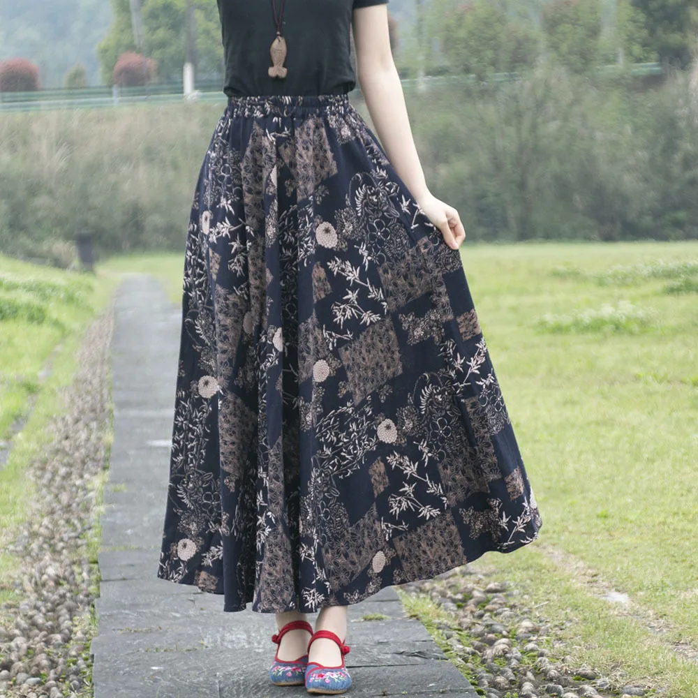 

TIYIHAILEY Free Shipping New Fashion Long Maxi A-line Flowers Pockets Elastic High Waist Women Cotton And Linen Print Skirts