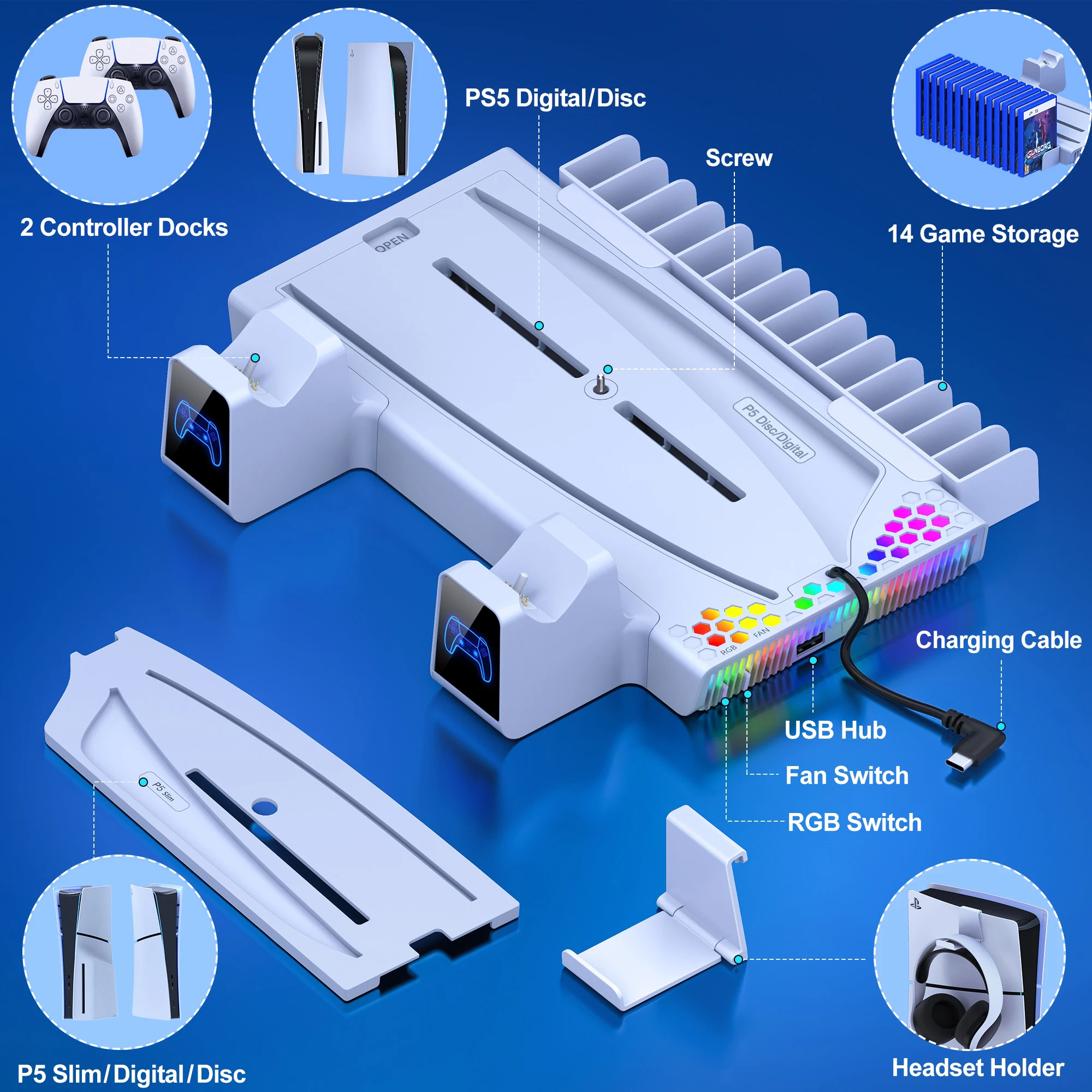 BEBONCOOL dla PS5 stanowisko chłodzące dla PS5 Slim stacja chłodząca wielofunkcyjny stojak do konsoli Playstation5 podwójny Gamepad ładowarka