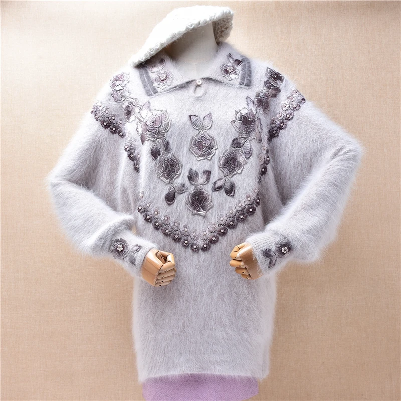 Ladies Women Autumn winter Vintage Flower Crochet Angora Rabbit Hair Knitted Turn-Down Neck Long Batwing Sleeves Loose Sweater