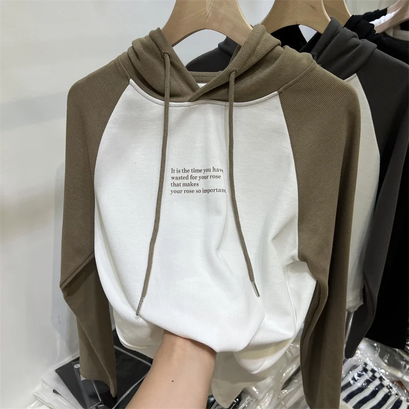 2023 Spring Autumn Thin All-Matched Hooded Hoodies Korean Style Raglan Sleeve Letter Printing Drawstring Loose Pullovers