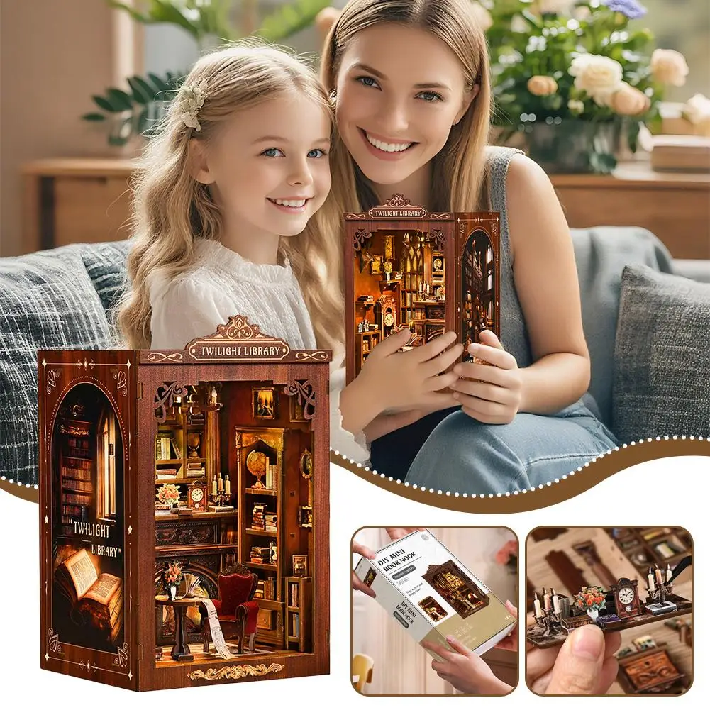 DIY Houten Boekenhoekje Beeldjes Miniaturen Twilight Bibliotheek Boekensteun Boekenplank voor Vrienden Verjaardagscadeaus Home Decor Ambachten
