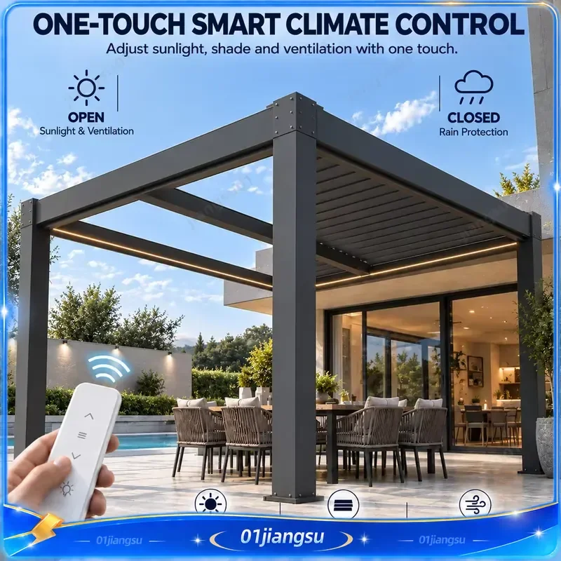 Motorized Aluminum Louvered Pergola Waterproof Bioclimatic Patio Gazebo with Adjustable Roof Outdoor Living System Garden