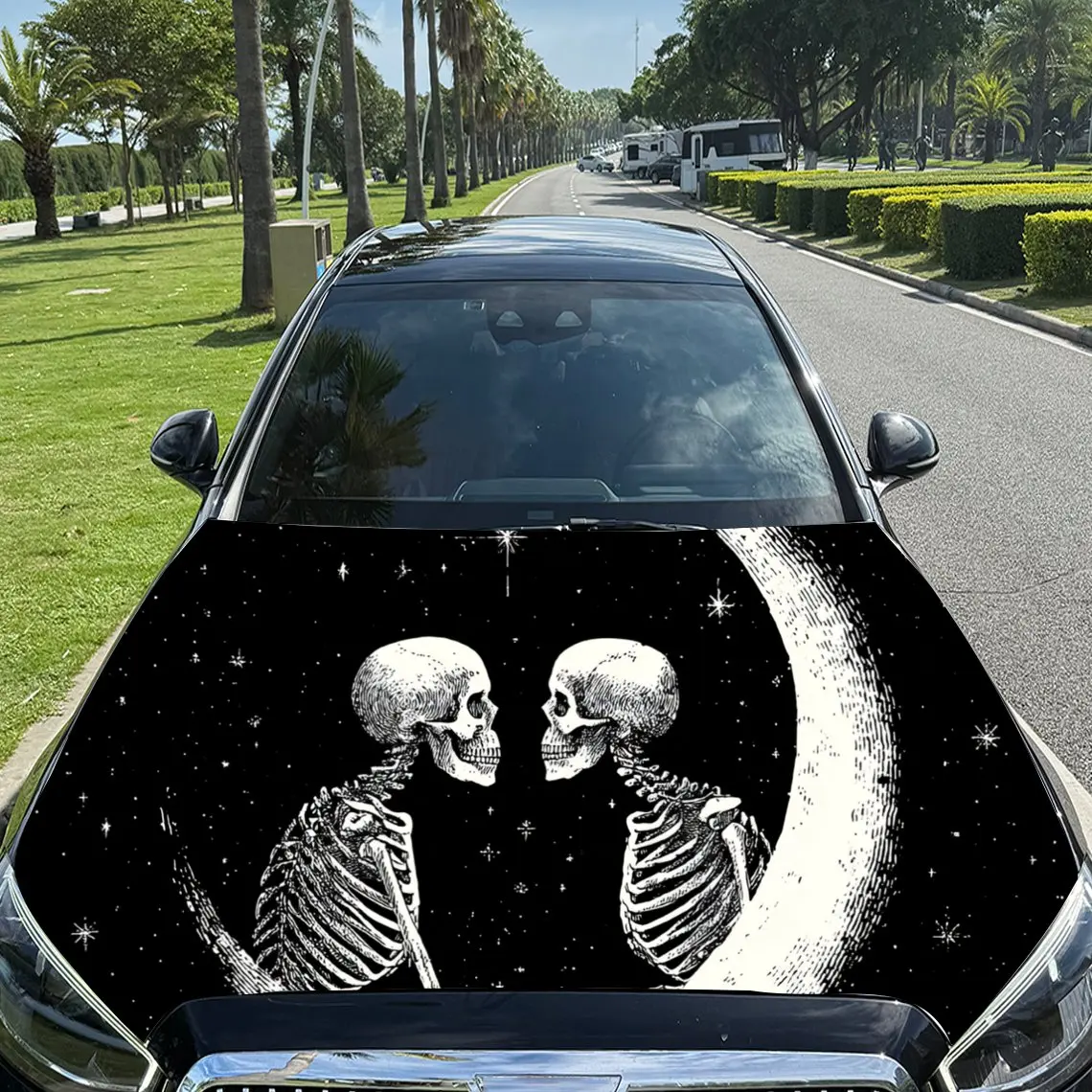 

Whimsical Skeletons on Moon Car Hood Sticker, Waterproof Self-adhesive Vehicle Vinyl Wraps Decal, Trendy Auto Exterior Decoratio