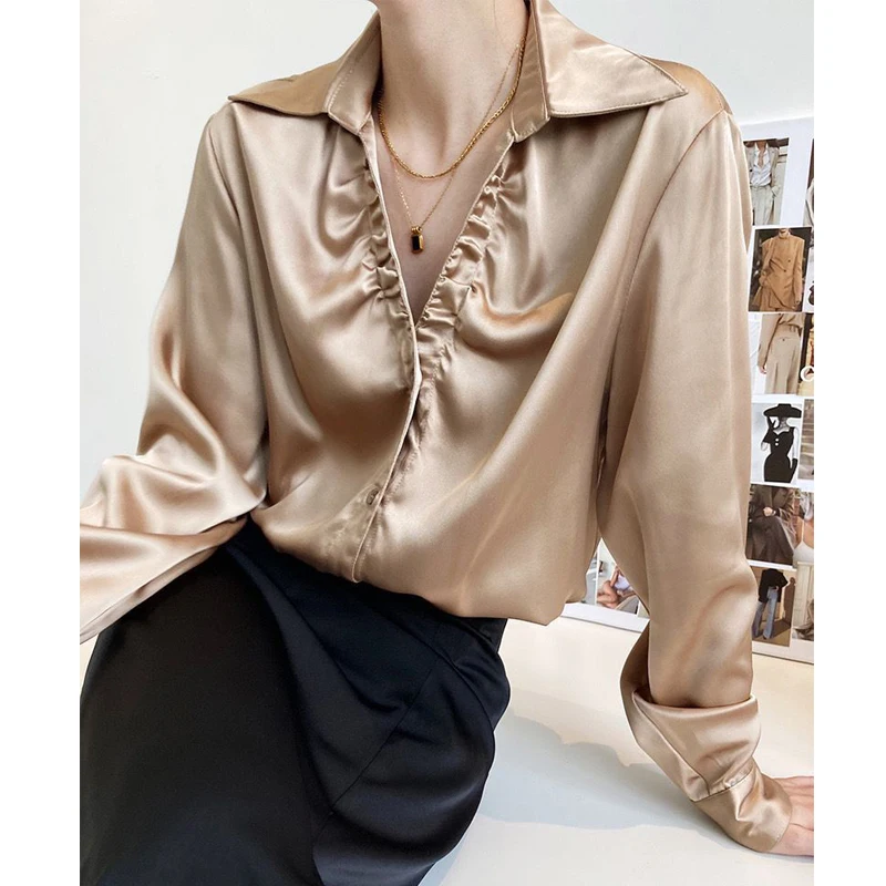 Autumn Womens Satin Luxury Black White Minimalist Shirt Office Lady Business Casual Elegant Blouse V Neck Long Sleeve Loose Tops