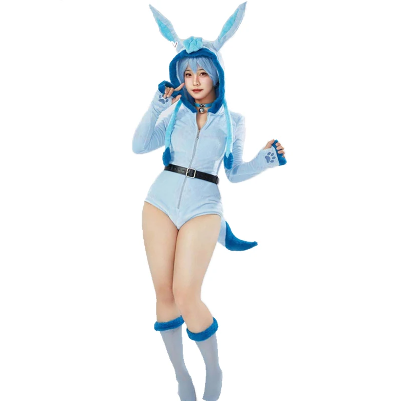 

Glaceon Cosplay Costume Women Sexy Kawaii Long Sleeve Hooded Jumpsuit Cartoon Anime Rompers Halloween Christmas Party Clothes
