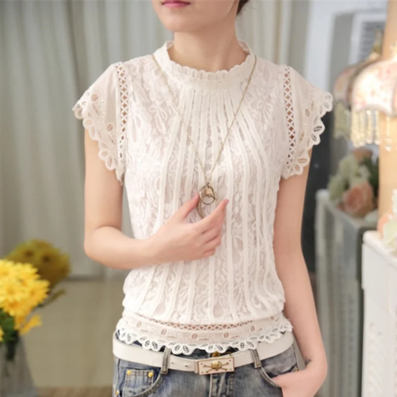 2024 Fashion Summer New Elegant Female Blouse Shirt Youthful Lace Short Sleeve Woman Clothes Hollow Out Tops Blusas Mujer 01C