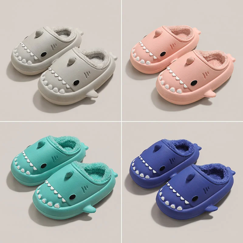 Couple Family Slippers Winter Man Women Cartoon Shark Home Slippers Women's Indoor Waterproof Thick Bottom Plush Kids Slipper