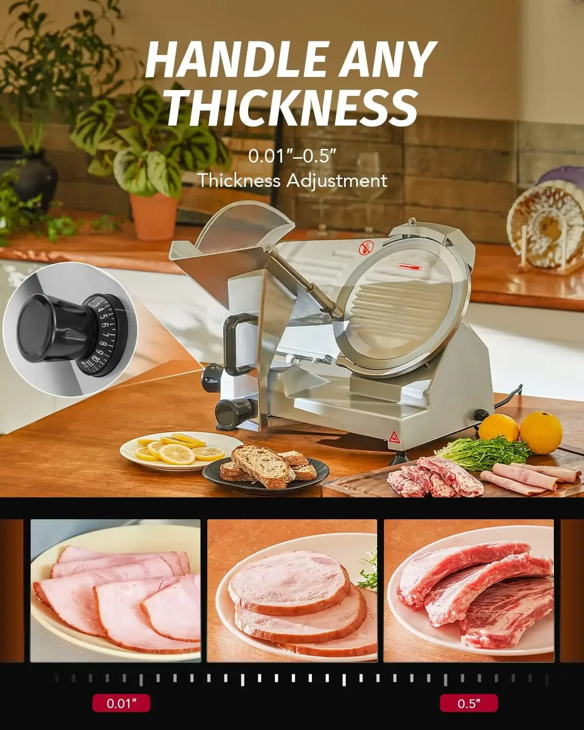 10-Inch Stainless Steel Blade Meat Slicer with Adjustable Thickness(0-0.5