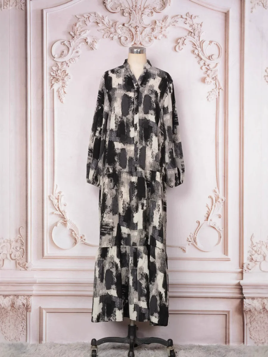 

Middle East Saudi Arabia women's ink style dress stand collar slim fit long skirt Muslim luxury fashion Islamic Kaftan clothing