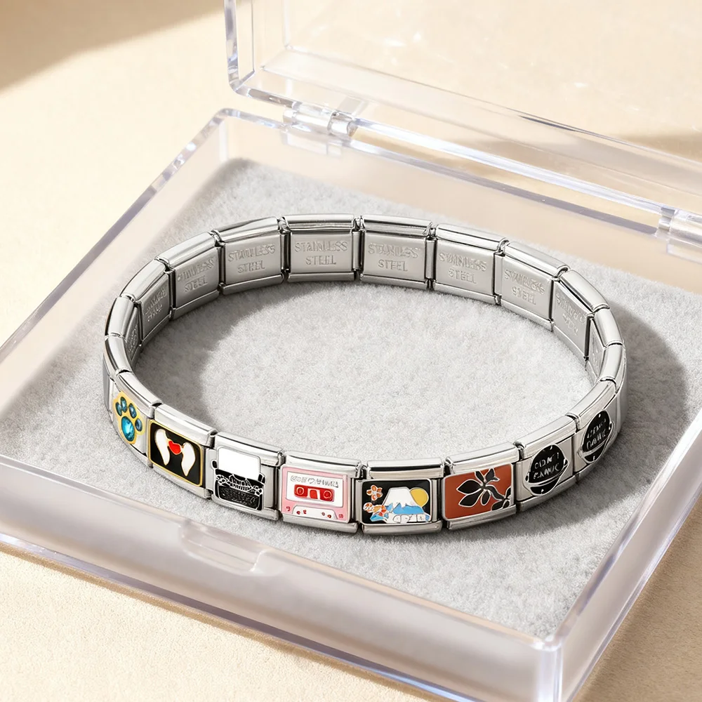 Y2K Trendy Charm Retro Love Songs Schreibmaschine Geste Schiff Engel Italienische Link Fit 9mm Edelstahl Armband Herstellung DIY Schmuck – Detail 2