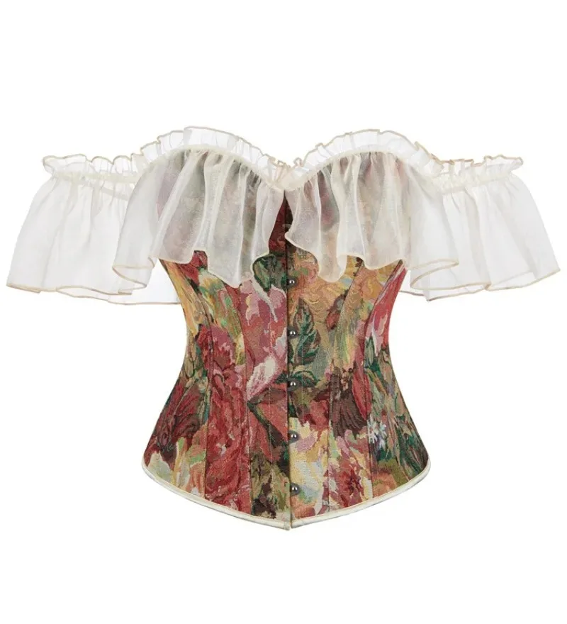 

Модный корсет в стиле Ренессанс с цветочным принтом для женщин, готический винтажный бюстье с оборками на рукавах, сексуальный корсет на шнуровке