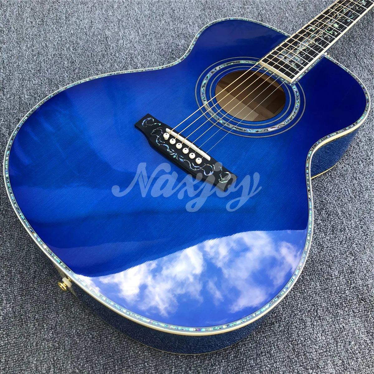 40 Inches Custom Blue Burst Maple OM Style Acoustic Guitar Abalone Binding and Inlays Ebony Fingerboard Gift