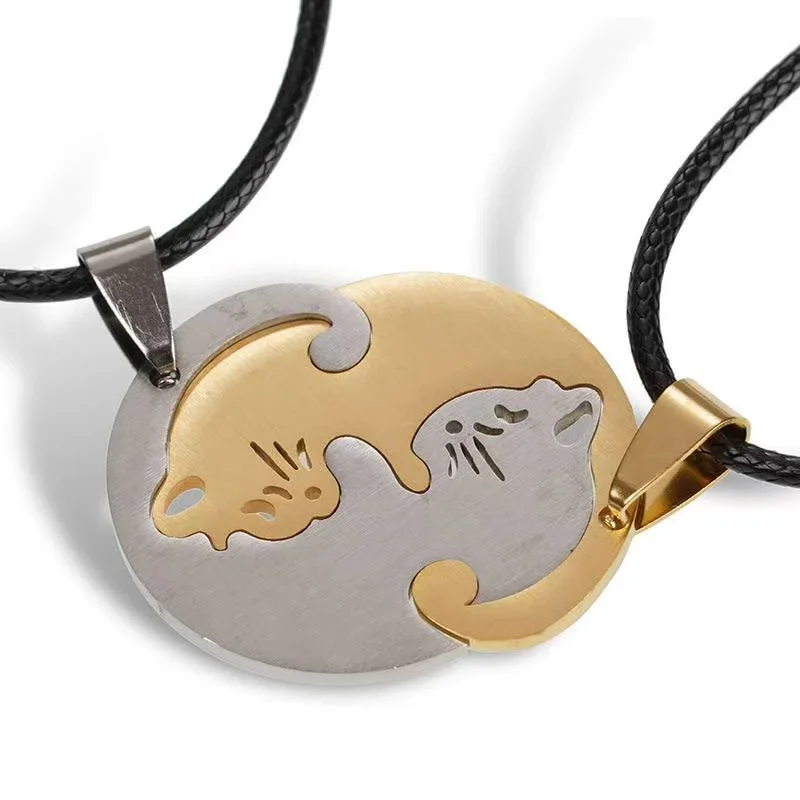 

Stainless steel black and white cat pendant couple necklace creative embrace design splicing Human cremation urn Pet urn Urn