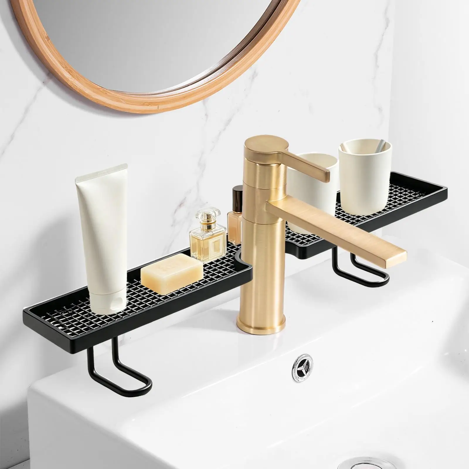 Easy Drainage Basket Bathroom Counter Shelves Bathroom Sink Shelf No Drilling Floating for Countertop Counter Home Pantry Vanity