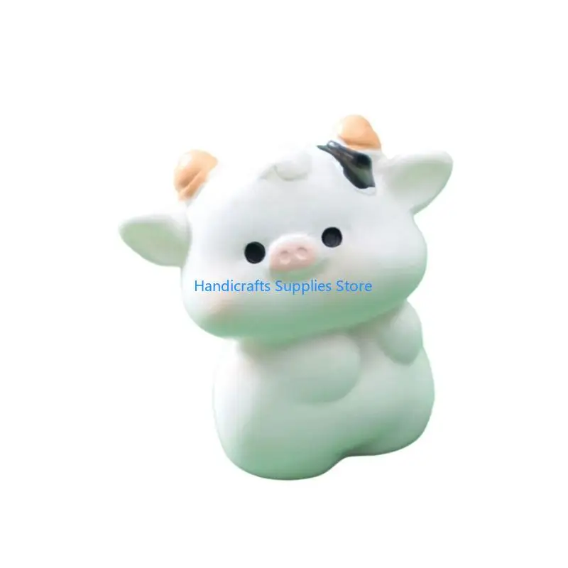 R1WA Cartoon Cow Figure Mini Miniatures Animal Garden Terrarium Resin Decorations