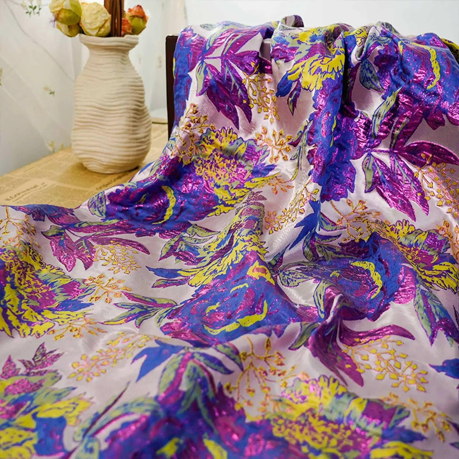 Gold Silk Purple Blue Flower Relief Jacquard Fabric Retro Dress Cheongsam Jacket Decorative Sewing Fabric