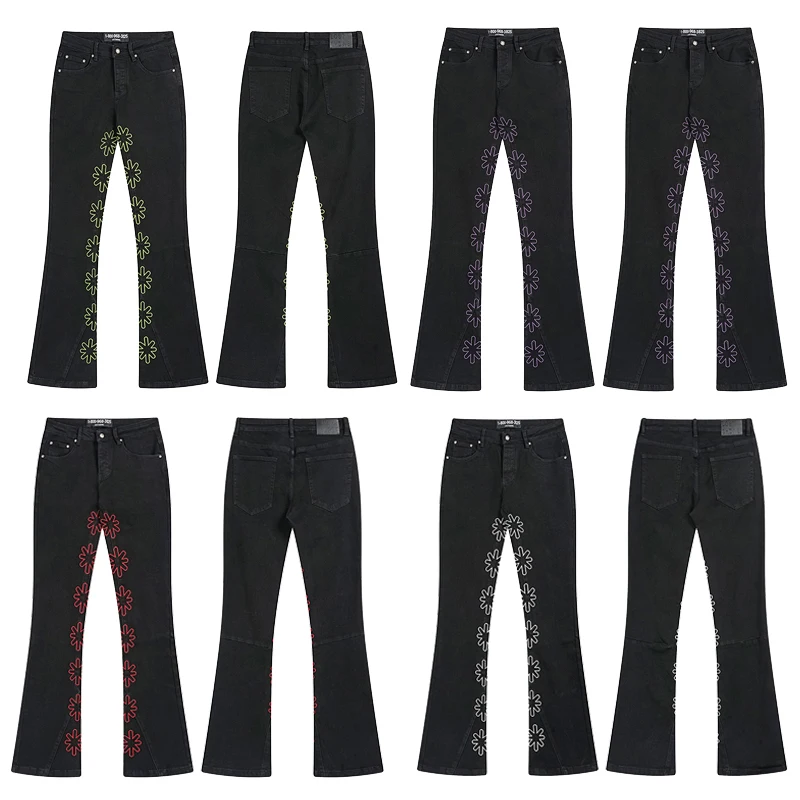 LOSTSHDWS デニムパンツ男性女性ハイウエストスリムフィットマイクロプロジェクタイルボタンフレアパンツ絶妙な刺繍 Lostshdws ジーンズ