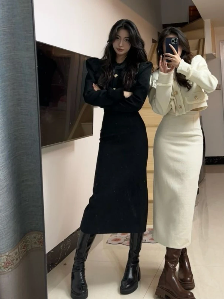 Insozkdg Office Lady Skirt Suit 2022 New Tweed Two Piece Outfits Women Long Sleeve Coat+High Waist Pencil Set 2