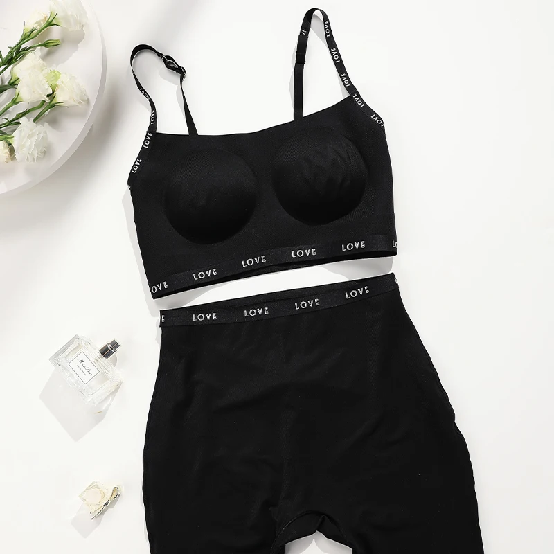 High Quality Padded Letter Print Seamless Bra Set Silp Boyshort Bra And Shorts Set Bra & Brief Sets