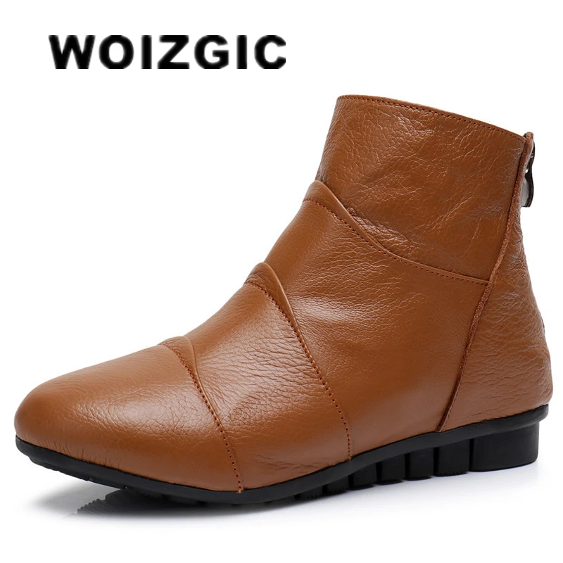 WOIZGIC Women\'s Ladies Female Mother Genuine Leather Shoes Platform Ankle Boots Zipper Autumn Winter Warm Plush Fur Plus Size