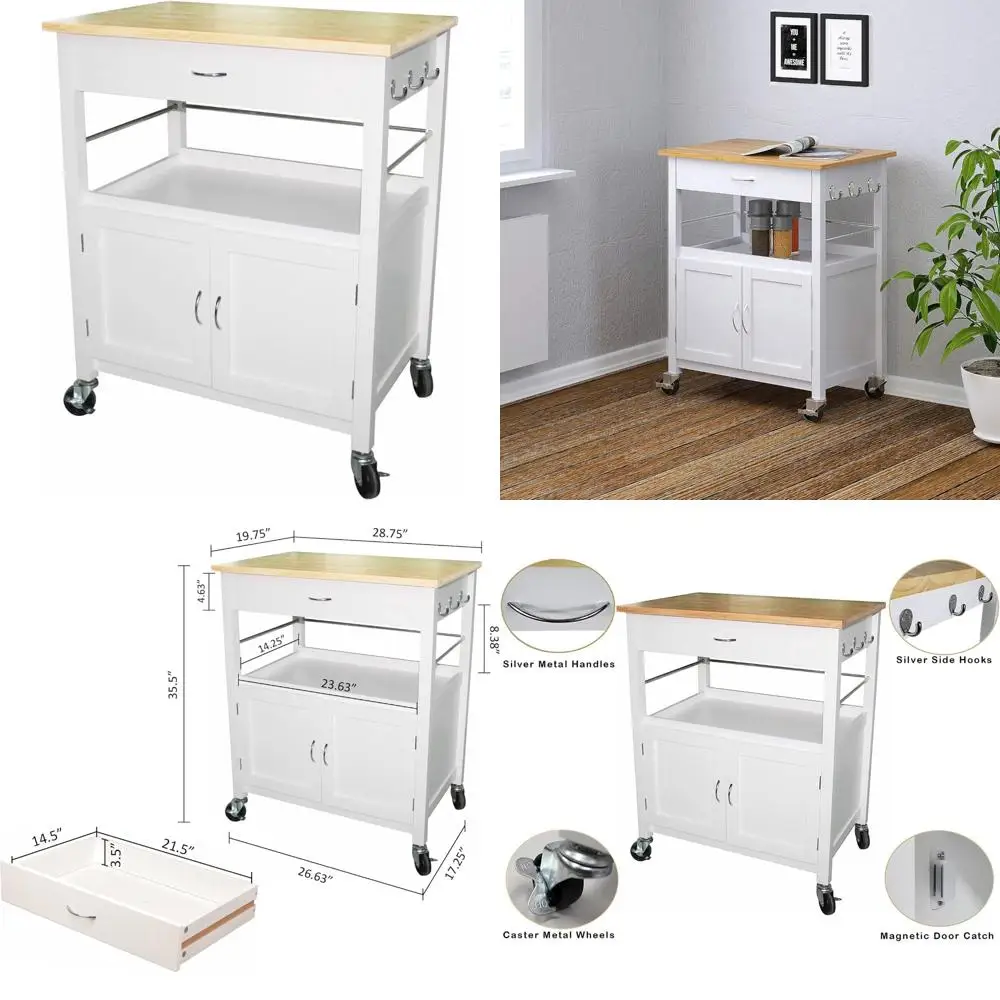 عربة جزيرة المطبخ مع سطح من الخيزران ودرج وخزانة تخزين وعجلات باللون الأبيض #1