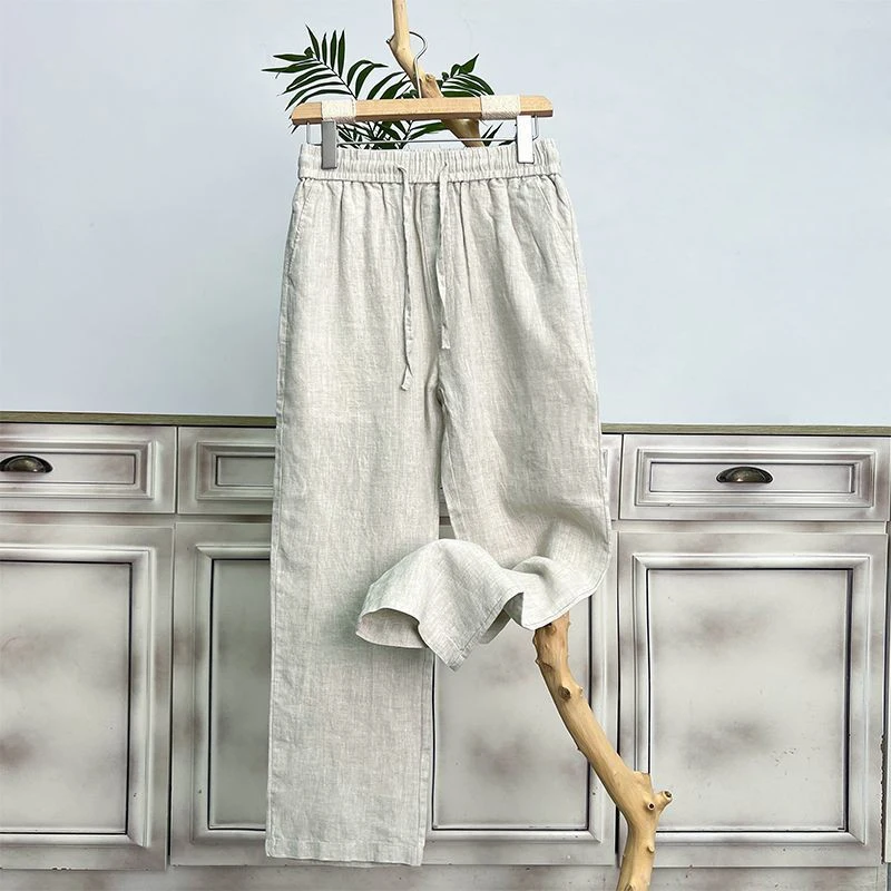 

Summer Large Size 300 Pou Hong Kong Sle Retro High Street Pure Linen Casual Pants Men Loose Straight Wide Leg Long Trousers