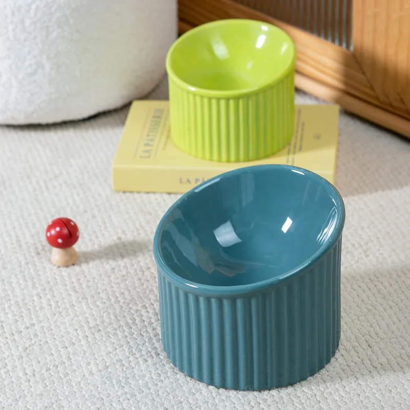 Bol en céramique pour chat et chien, surélevé, anti-choc, pour la protection de la colonne cervicale, motif vertical, gamelle pour animaux de compagnie
