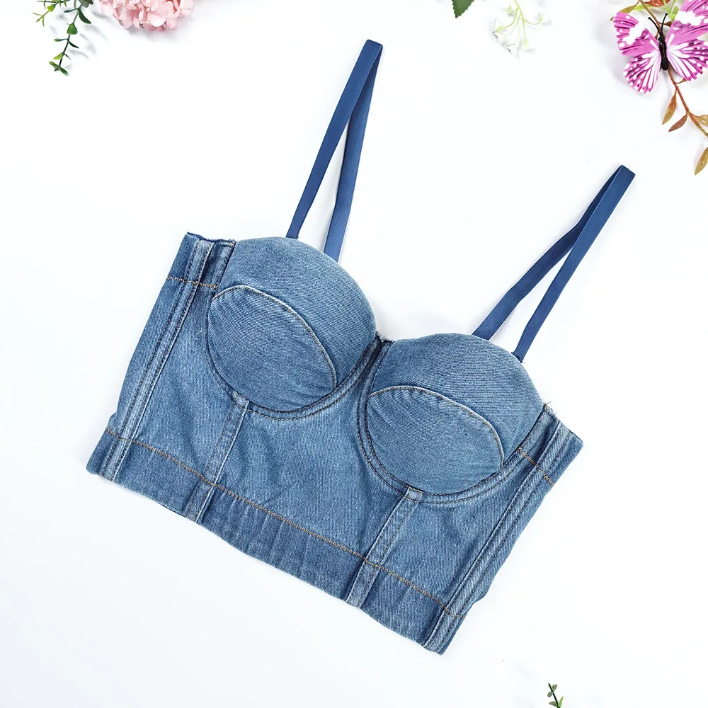 

Sexy Women's Denim Tube Top Vest With Fishbone Bustier Corset Bodice Cup Bustier Corset Innerwear Bralette Crop Top