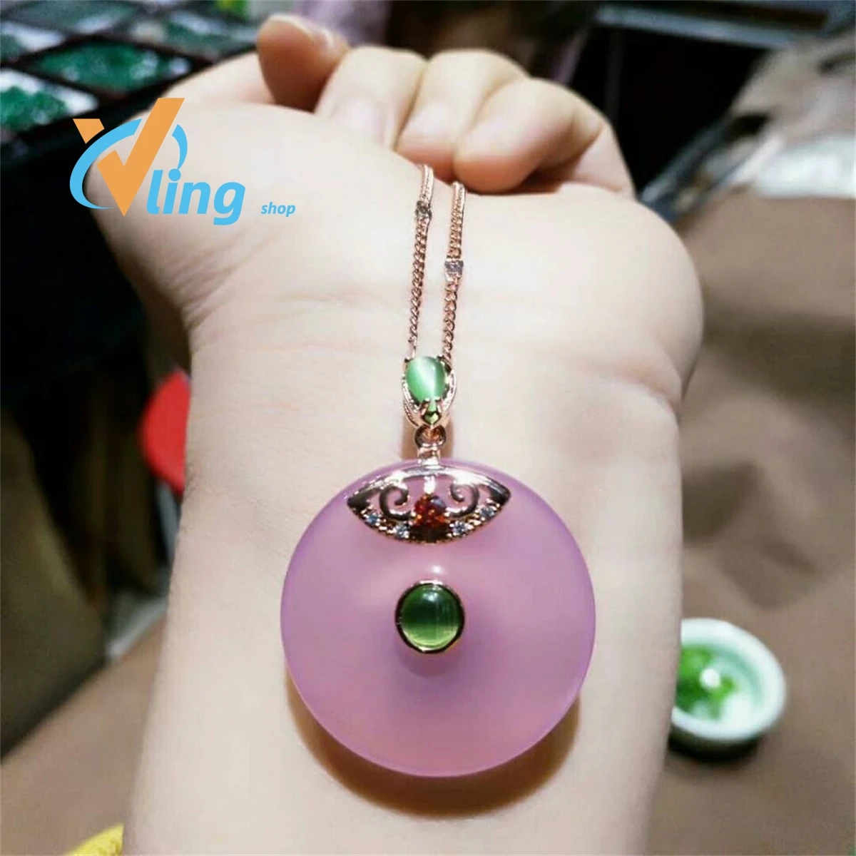 Manufacturer Wholesale S925 Silver Inlaid High Ice Chalcedony Safety Clasp Pendant Rose Gold  Green PowderWomen Fashion Gift