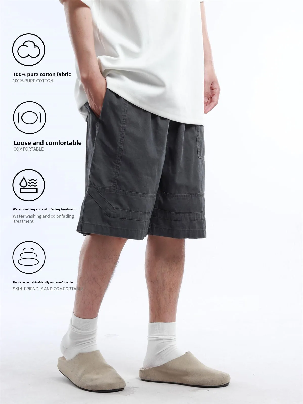 Retro Japanese Style Pure Cotton Shorts for Men And Women Loose Elastic Waist Washed Casual Short Pants Knee-Length Summer ...