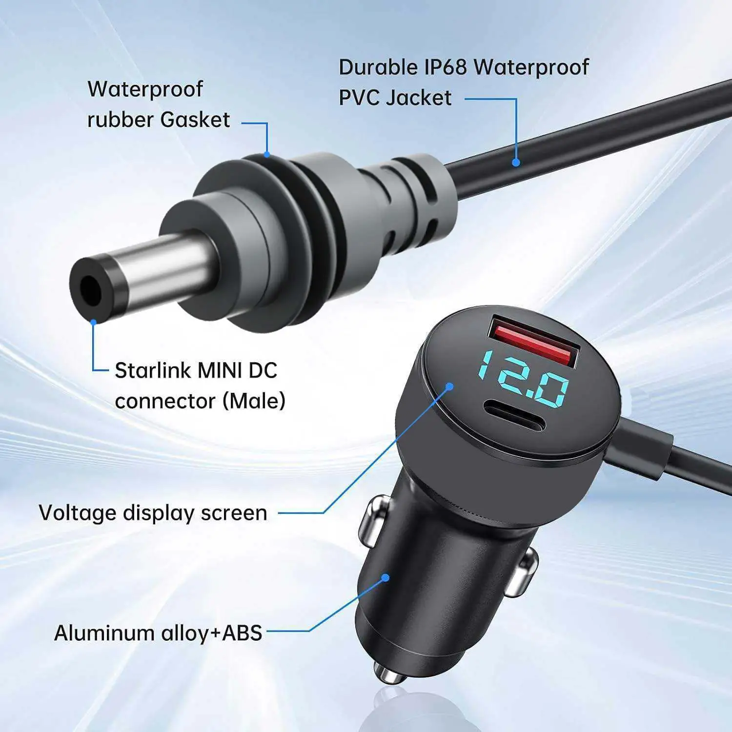 2M 3M 5M 12V 24V Car Charger to DC Cable with Cigarette Lighter Adapter USB Ports LED Voltmeter 18AWG Wire for Starlink Mini