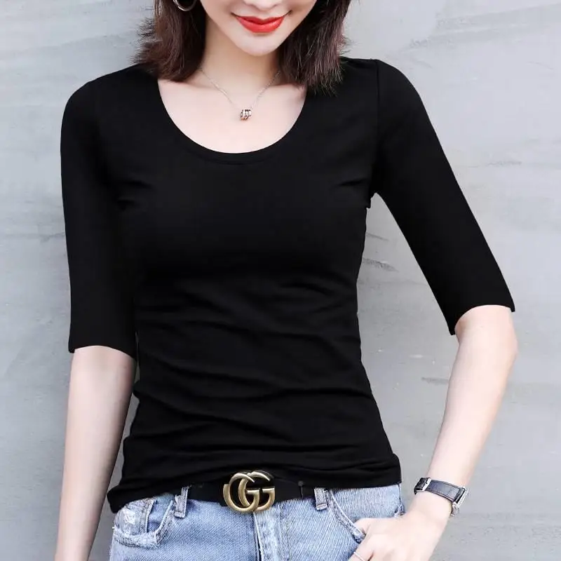 Women's Mid-Sleeve T-Shirt round Neck Seven-Sleeve Color Block Five-Sleeve White Base Shirt Commute Style Polyester Fiber