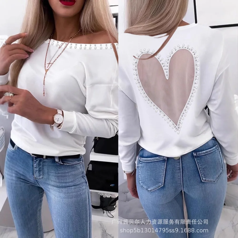 Dames Zomer Lente Hartpatroon Sheer Mesh Ronde Hals Lange Mouw Kralen Sheer Mesh Tee Casual Top