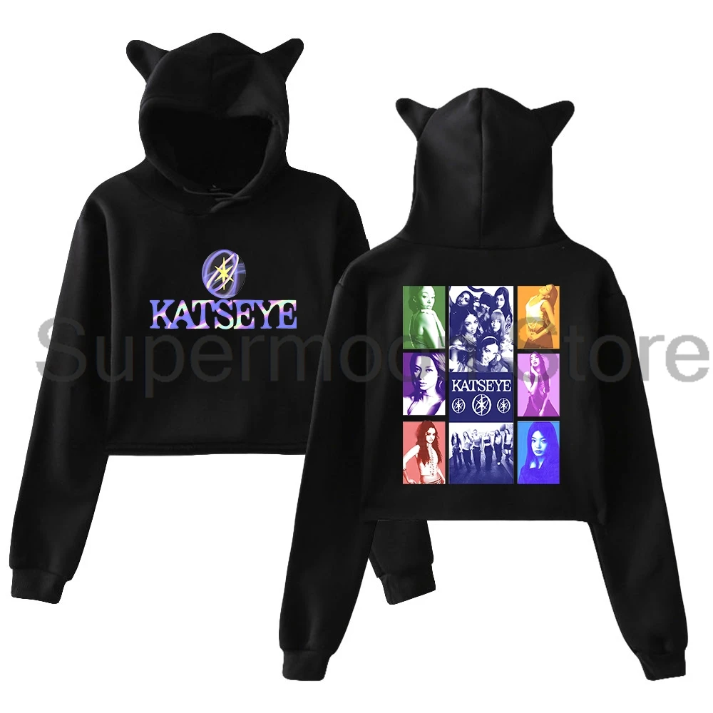 Kpop Katseye Merch هوديي 2025 جميل الفوضى جولة آذان القط مقنعين البلوز كم طويل المحاصيل الأعلى الملابس النسائية