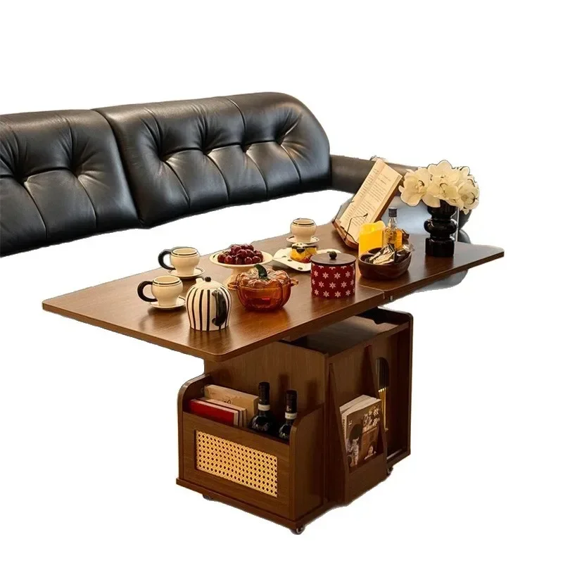 Solid wood lifting coffee mobile cart tea table folding dining small apartment tea table multi-functional living room sofa