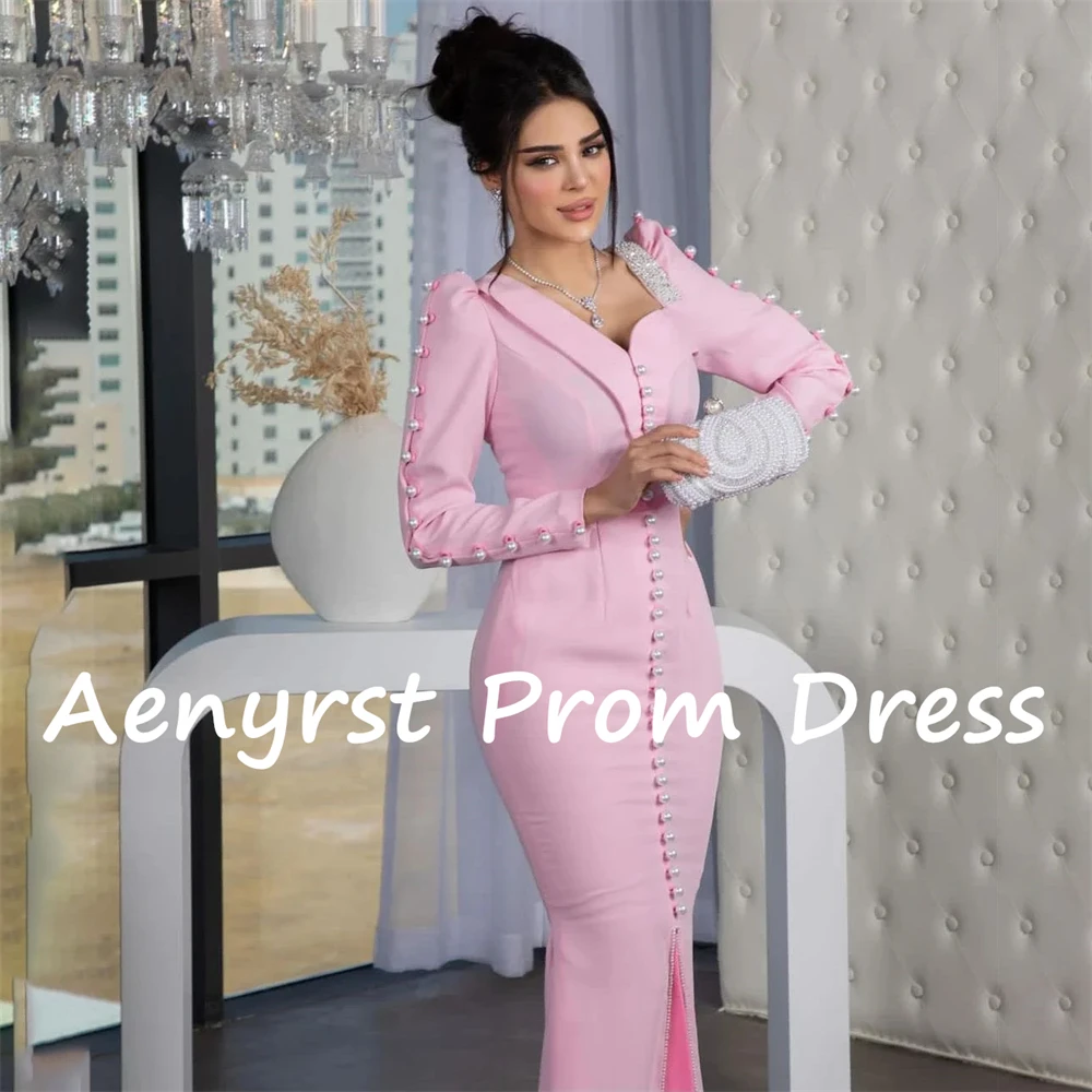 Aenyrst-Vestidos de noite com mangas compridas, Arábia Saudita, Cetim, Sereia, Pérolas divididas, Vestidos de baile, Tornozelo, Ocasião Formal, Rosa