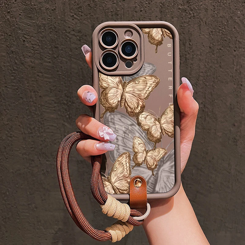 Retro Brown butterfly Pattern Hand Strap Phone Case For iPhone 17 16 15 14 13 12 11 Pro Max 16E XS X XR 7 8 Plus Silicone Cover