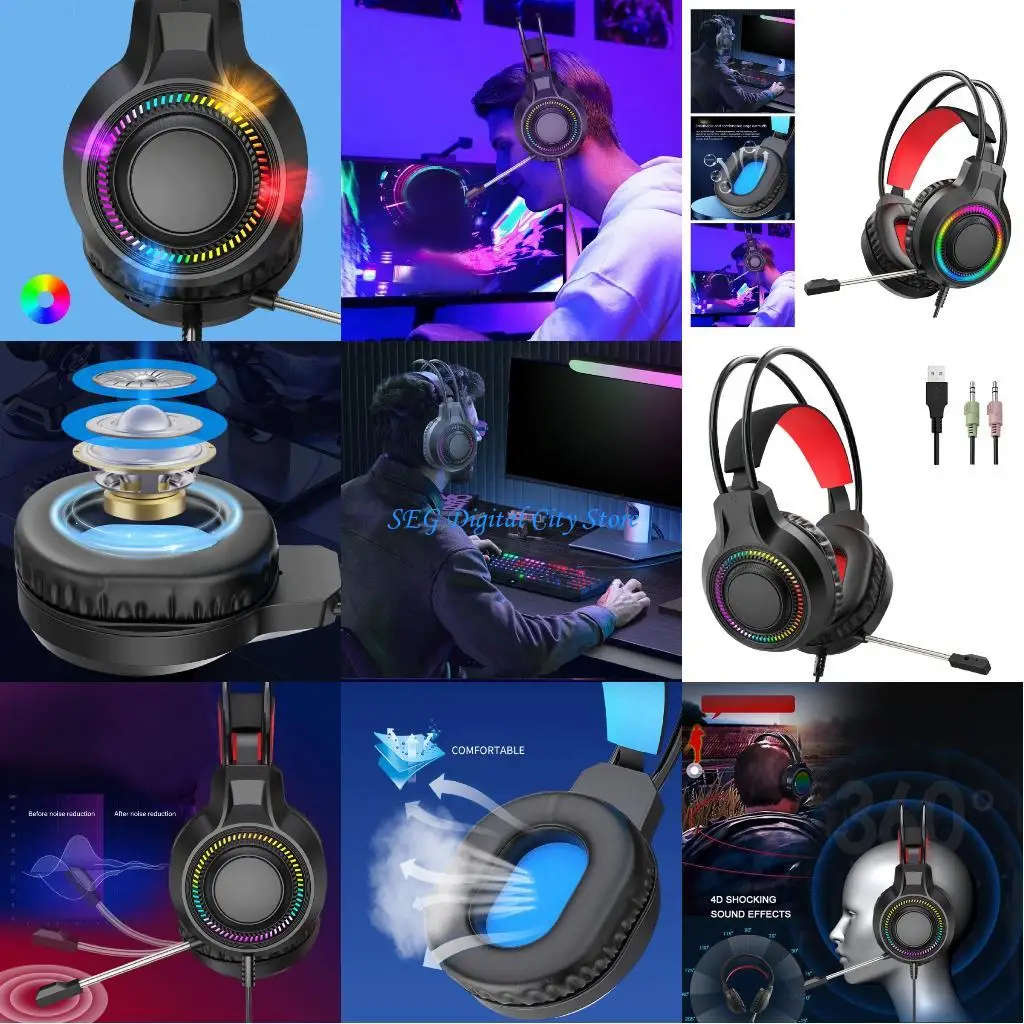 U75B Redness Black Glowing PC Headsets Adjustable Head Straps Soft Memory Foam Ear Cups