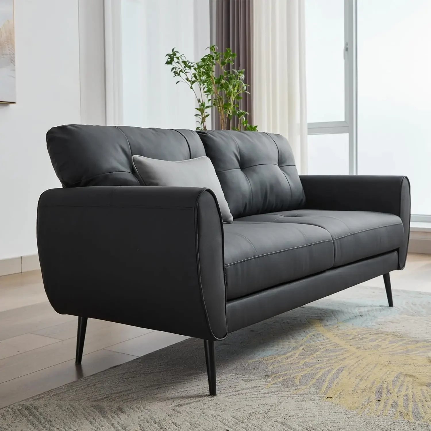 [Frete grátis! ]Sofá sofá 61 "pequeno loveseat sofás para sala de estar, sofá de couro sintético preto meados do século moderno tufado mini s