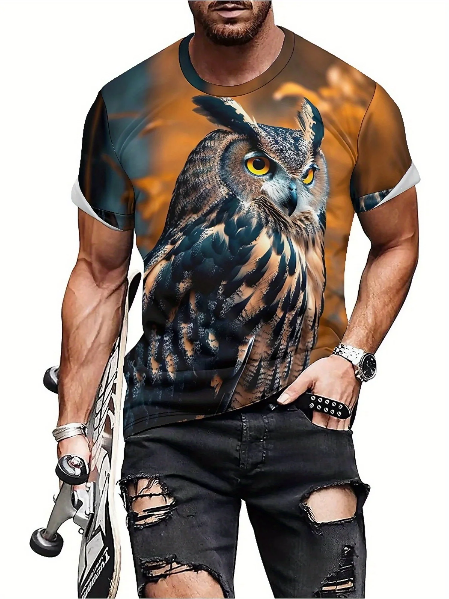 Heren en dames 3D-print Uil grafisch T-shirt - Zacht polyester, losvallend groot formaat, levendig geometrisch patroon