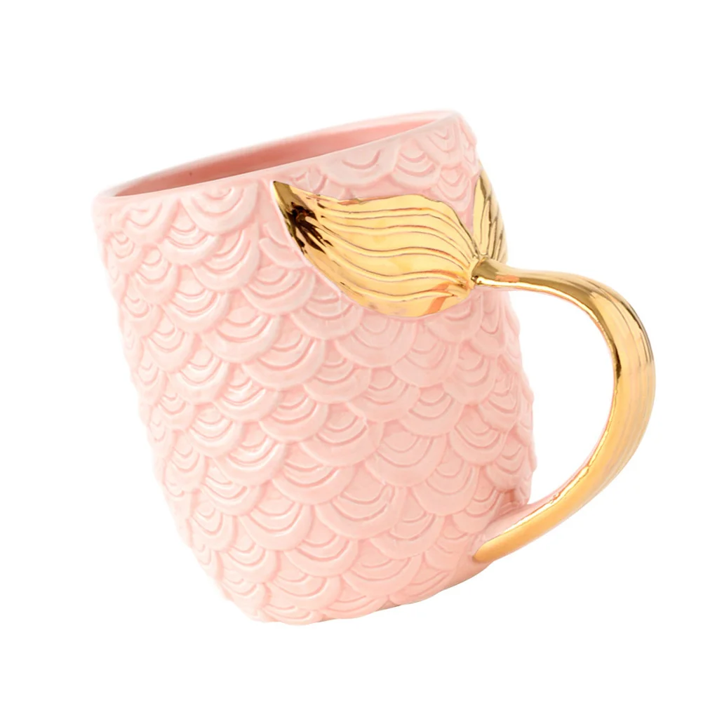 كوب قهوة من السيراميك بذيل حورية البحر لؤلؤي ذهبي وردي سهل الإمساك للمشروبات الباردة الساخنة هدية عيد ميلاد كوب حورية البحر