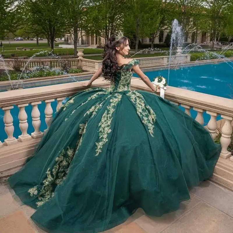 Черновато-зеленое платье Quinceanera с открытыми плечами и v-образным вырезом по индивидуальному заказу, тюлевое кружево с 3D цветами, платья de 15, Quinceanera ﻿