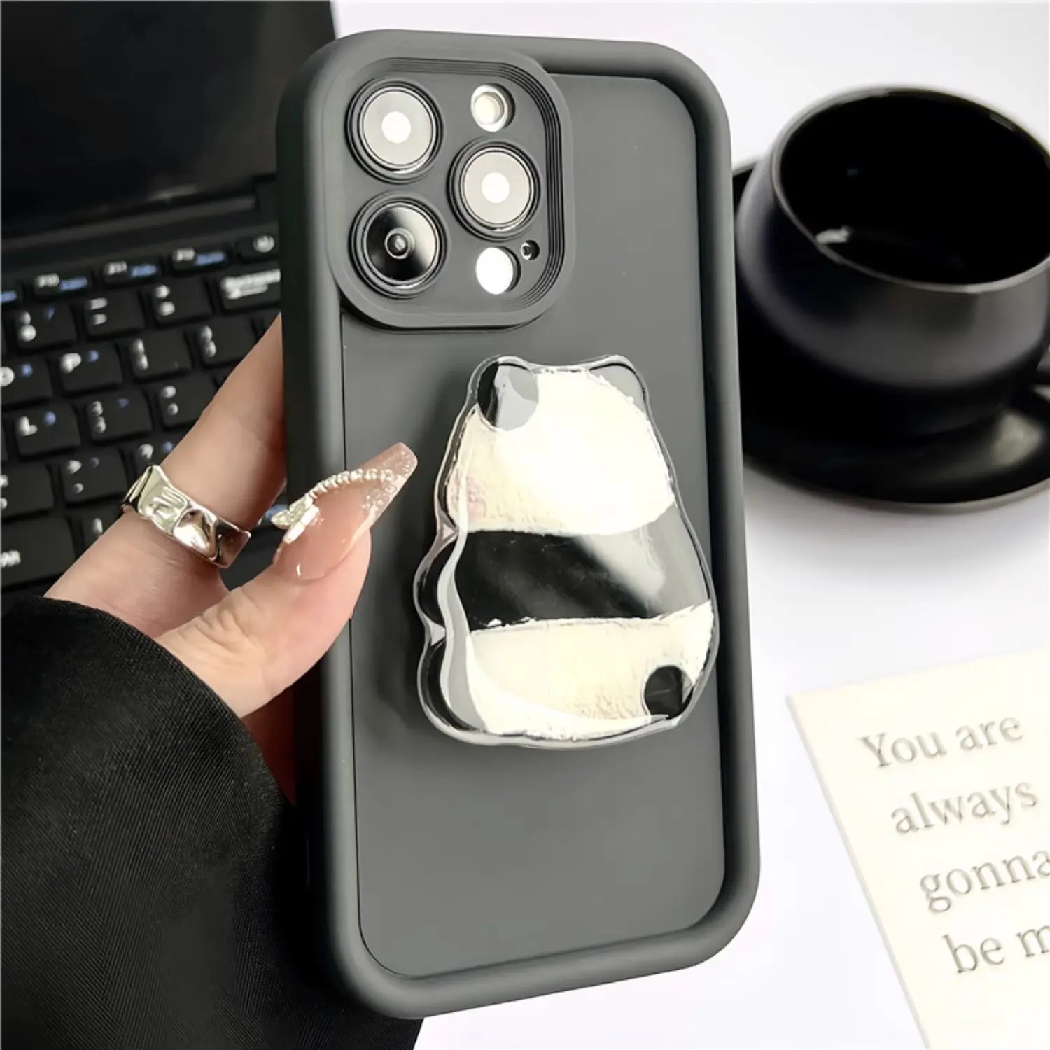 

Milk grey Panda stand for iPhone15promax phone case iPhone13 Cute iPhone12 pro Simple iPhone11 Soft iPhone14