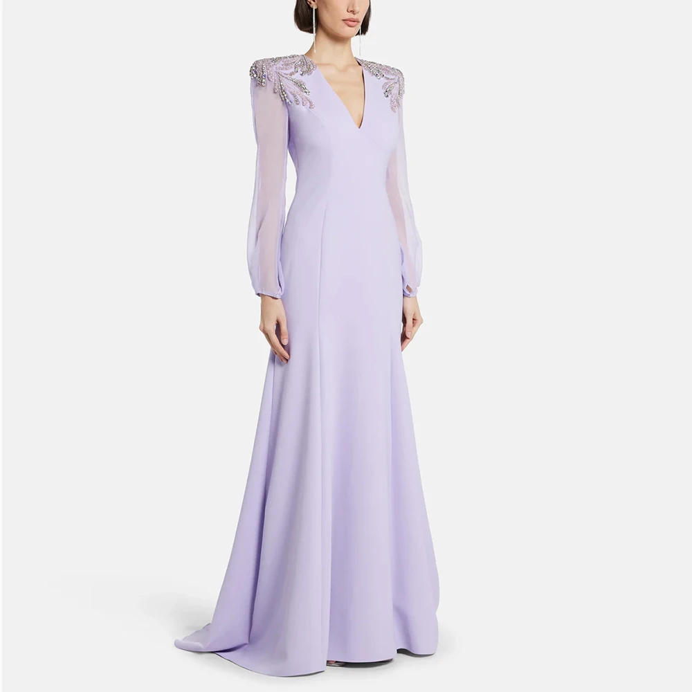 

Customized V-neck Purple Jersey Evening Dress ILLUSION Full Sleeves With Crystal Mermaid Party Dress Floor Length Prom Gown