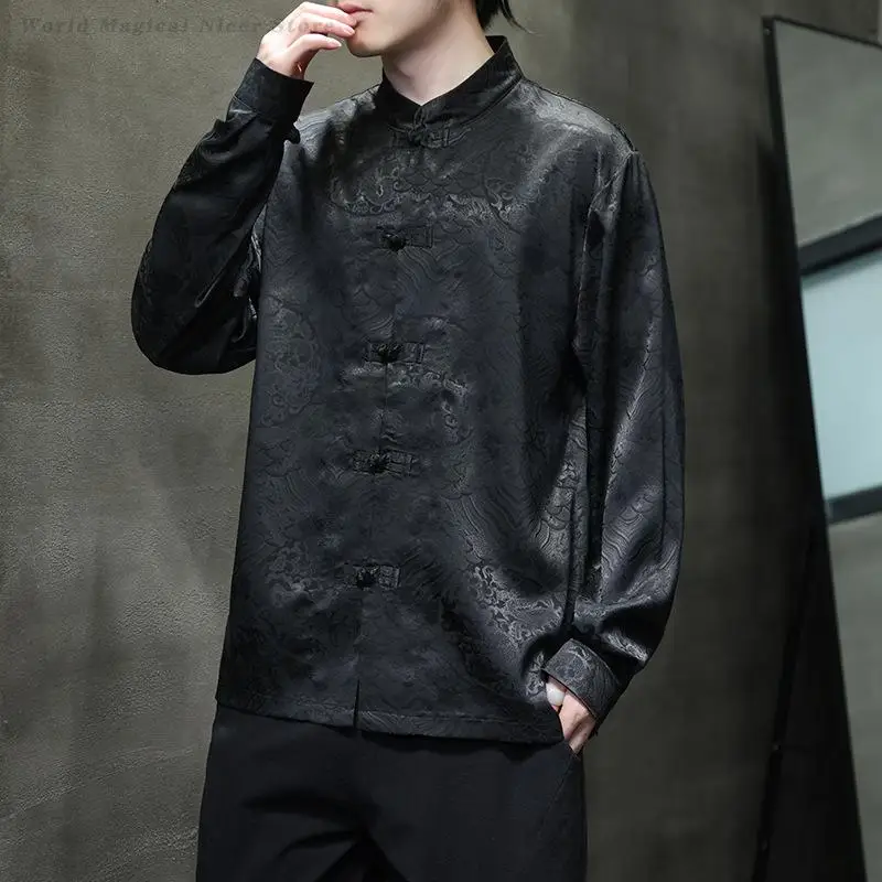 2025 جديد الرجال النمط الصيني خمر قميص رجالي بلايز تانغ دعوى التقليدية التنين نمط كم طويل الوقوف طوق قمصان سوداء